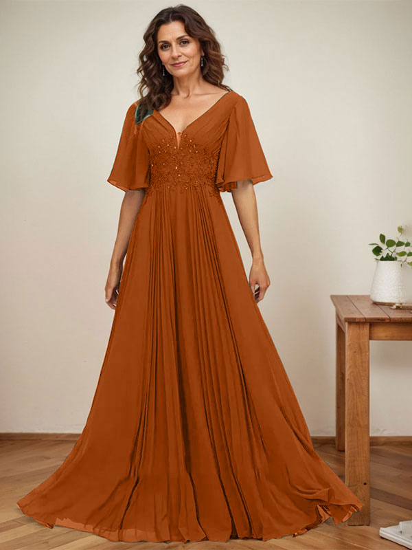 A-Linie V-Ausschnitt Bodenlang Chiffon Mutter der Braut Kleid Mit Pailletten Applikationen Spitze Plissee