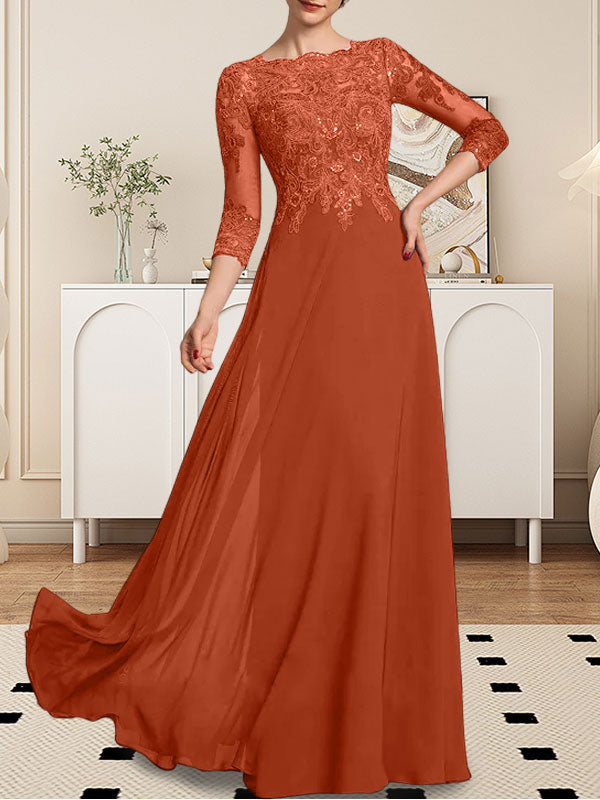 Vestido de gasa con encaje y lentejuelas para madre de la novia, corte A, largo hasta el suelo