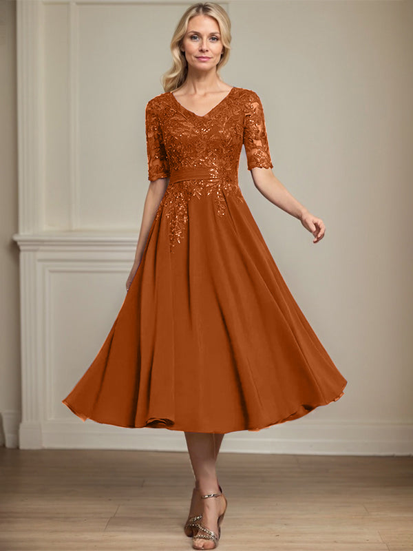 A-Linie V-Ausschnitt Wadenlanges Spitzen-Chiffon-Kleid für die Brautmutter mit Pailletten