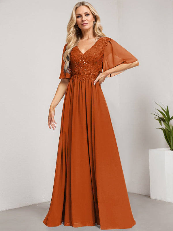 A-Linie V-Ausschnitt Bodenlanges Spitzen-Chiffon-Kleid für die Brautmutter mit Pailletten
