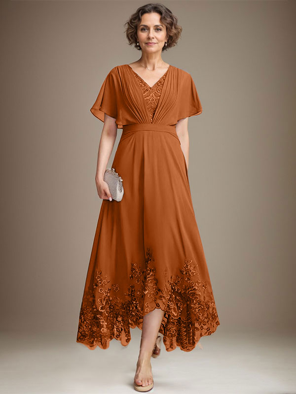 A-Linie V-Ausschnitt Asymmetrisches Spitzen-Chiffon-Kleid für die Brautmutter mit Plissee
