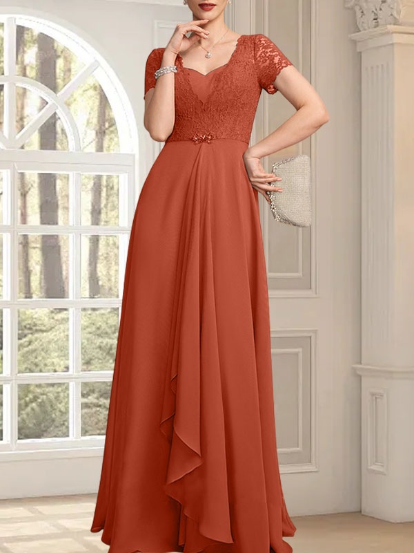 A-Linie, Herzausschnitt, bodenlang, Chiffon, Spitze, Kleid für die Brautmutter mit Perlenbesatz, kaskadierenden Rüschen