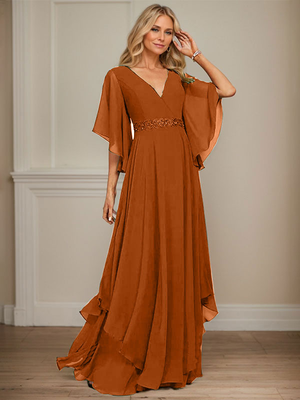 A-Linie V-Ausschnitt Bodenlang Chiffon Kleid für die Brautmutter mit Pailletten Applikationen Spitze Perlen