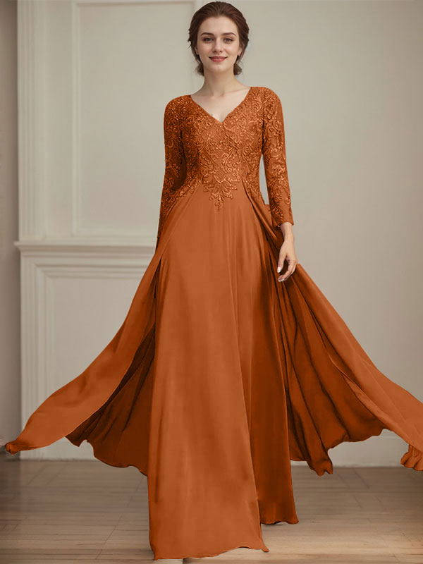 A-Linie V-Ausschnitt Bodenlanges Spitzen-Chiffon-Kleid für die Brautmutter mit Pailletten
