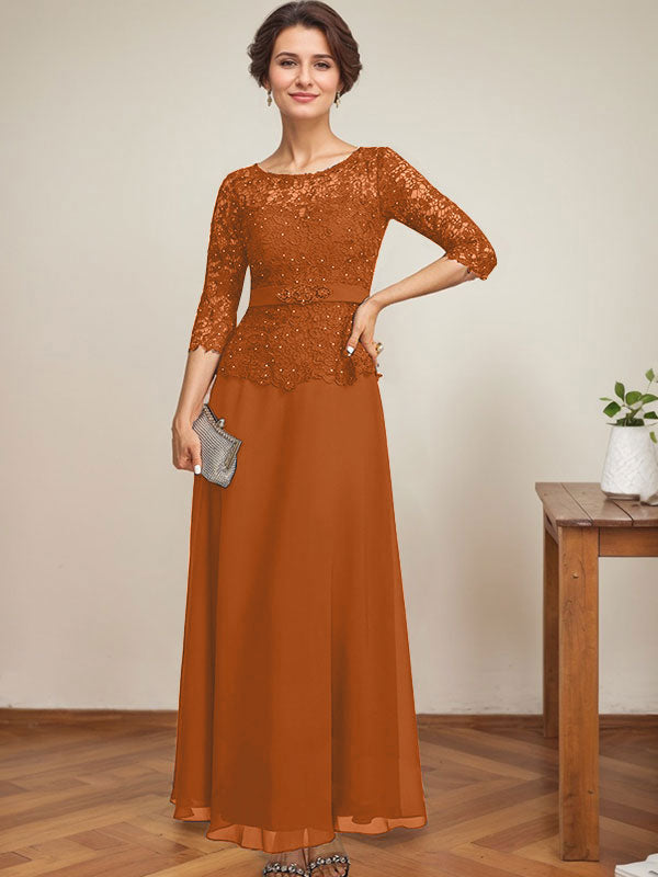 Vestido de gasa con encaje y escote en A, ilusión, largo hasta los tobillos, para madre de la novia con cuentas de diamantes de imitación