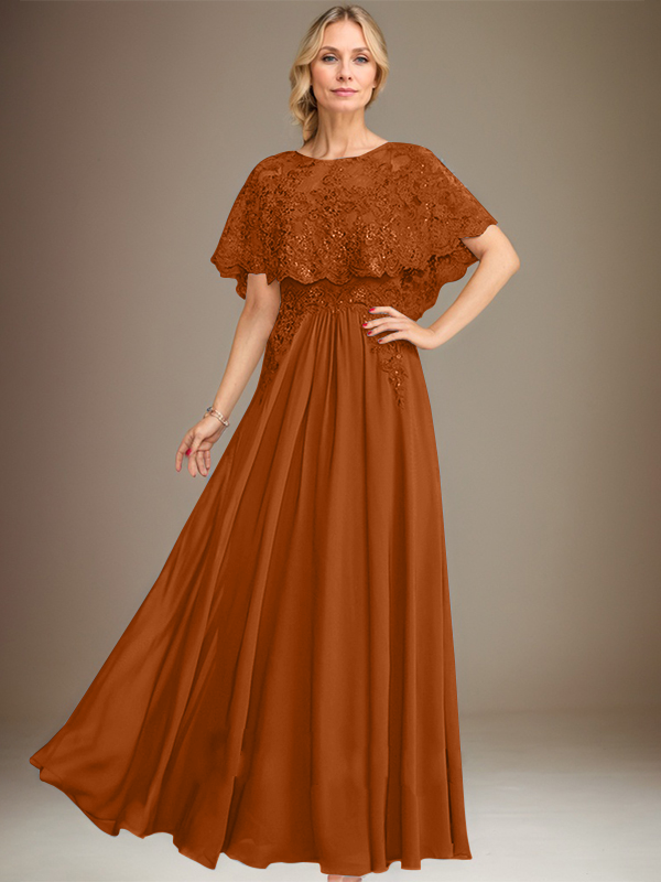 Vestido de madre de la novia de gasa con encaje, escote barco, largo hasta el suelo, con apliques de lentejuelas