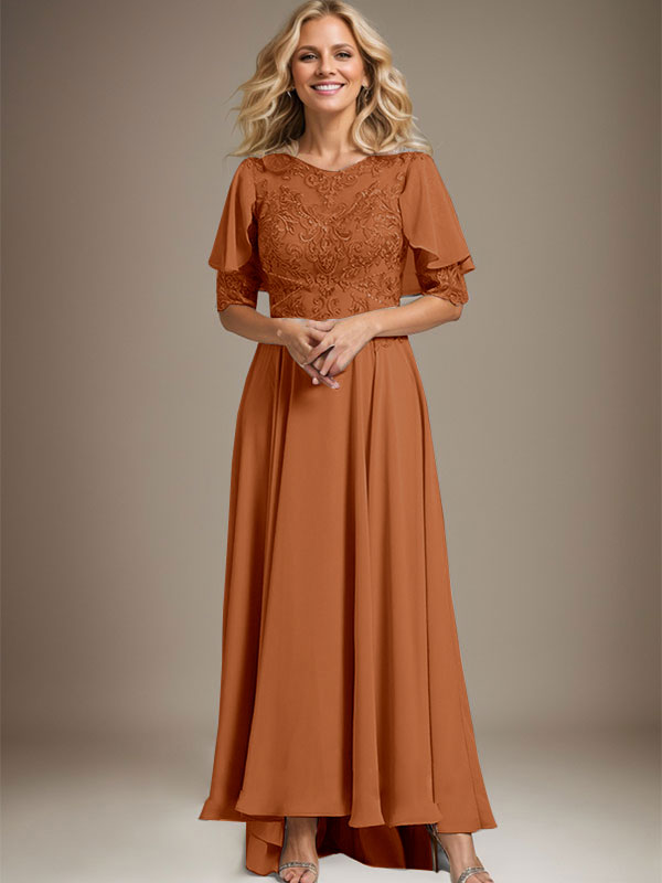 Vestido de madre de la novia de gasa asimétrica con encaje, ilusión, corte A y escote redondo con cuentas