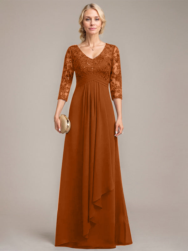 A-Linie, V-Ausschnitt, bodenlanges Chiffon-Kleid für die Brautmutter mit kaskadierenden Rüschen und Pailletten