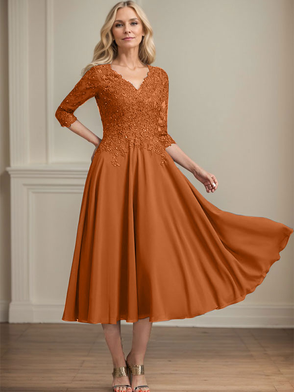 A-Linie, V-Ausschnitt, knielang, Chiffon, Spitze, Kleid für die Brautmutter mit Perlen und Pailletten