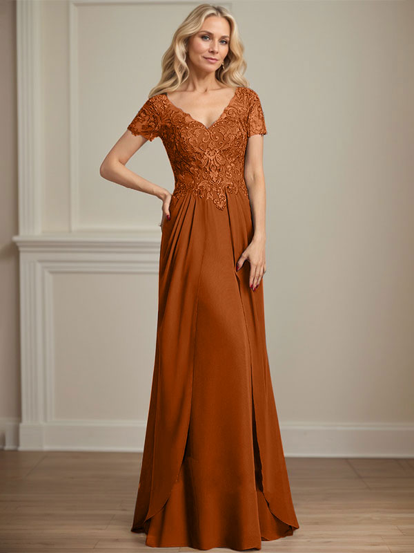 A-Linie V-Ausschnitt Bodenlanges Chiffon-Spitzenkleid für die Brautmutter
