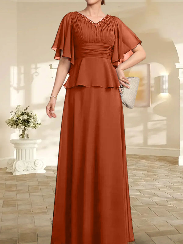 A-Linie, V-Ausschnitt, bodenlanges Chiffonkleid für die Brautmutter mit plissierter Perlenstickerei