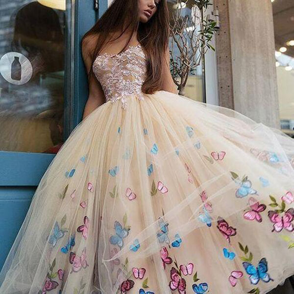 Schmetterling Blumen Ballkleid Tee Länge Spitze Trägerlos Homecoming Kleider