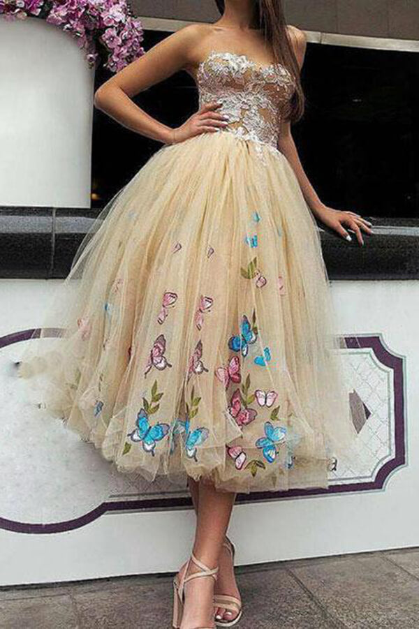 Schmetterling Blumen Ballkleid Tee Länge Spitze Trägerlos Homecoming Kleider