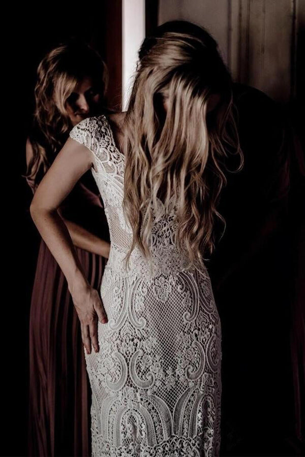 Roycebridal Cap Sleeve Sheath Boho Wedding Dresses Vintage Lace Rustic Wedding Dress,MW314