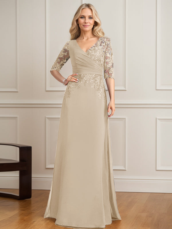 A-Linie, V-Ausschnitt, bodenlanges Spitzen-Chiffon-Kleid für die Brautmutter mit plissierten Pailletten