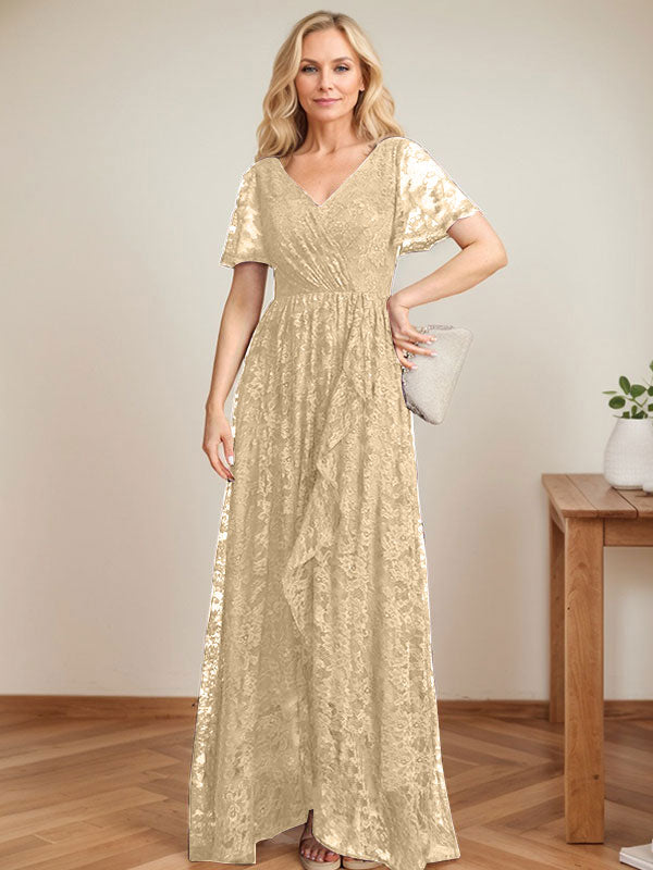 A-Linien-Kleid mit V-Ausschnitt, asymmetrischer Spitze für die Brautmutter mit kaskadierenden Rüschen