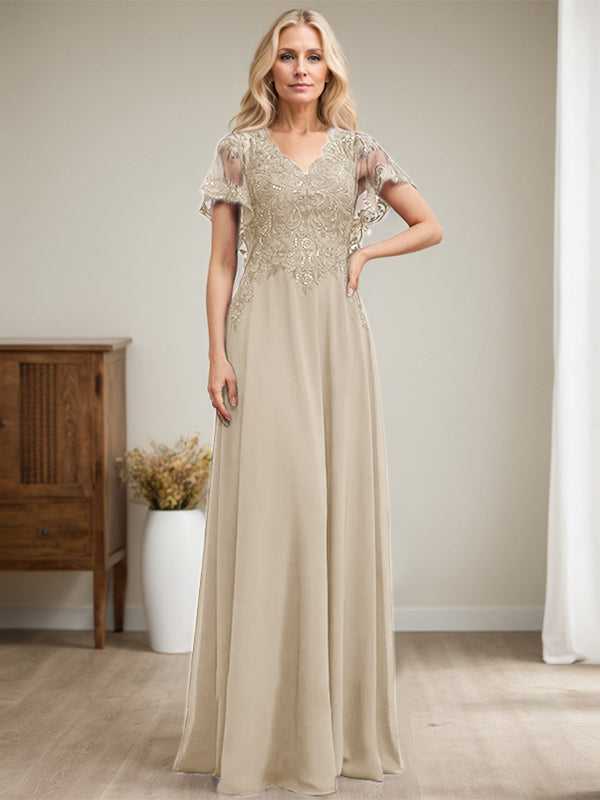 A-Linie V-Ausschnitt Bodenlanges Spitzen-Chiffon-Kleid für die Brautmutter mit Pailletten