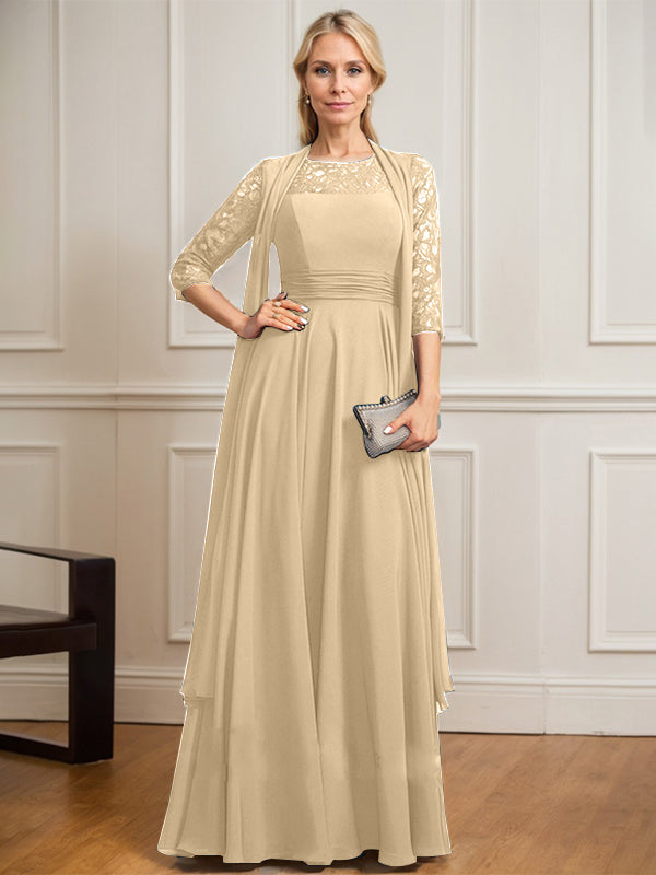 Vestido de gasa de encaje con ilusión de corte A hasta el suelo para madre de la novia con pliegues