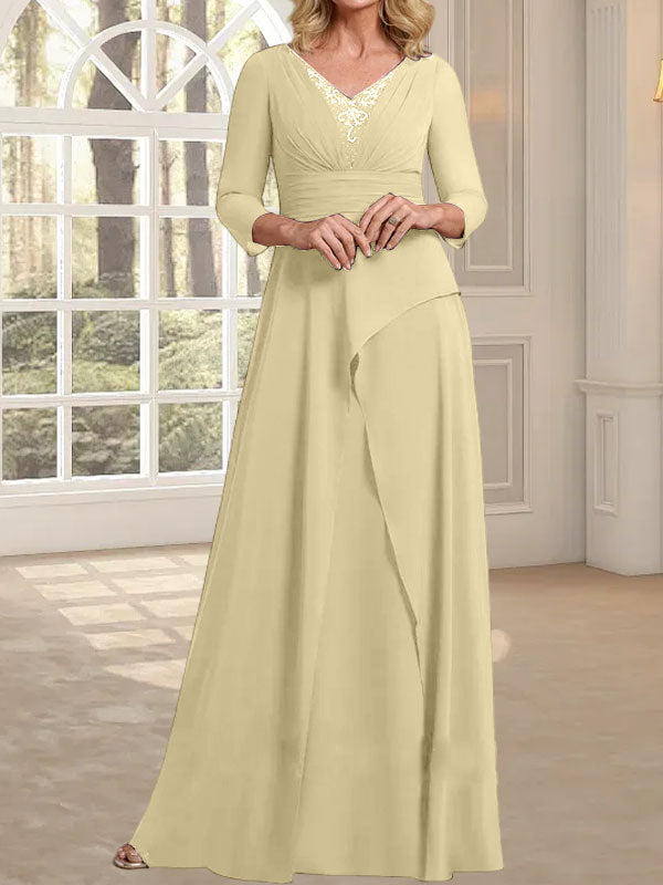 A-Linie, V-Ausschnitt, bodenlanges Chiffonkleid für die Brautmutter mit plissierter Perlenstickerei