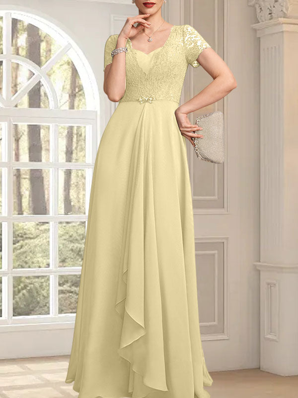 A-Linie, Herzausschnitt, bodenlang, Chiffon, Spitze, Kleid für die Brautmutter mit Perlenbesatz, kaskadierenden Rüschen