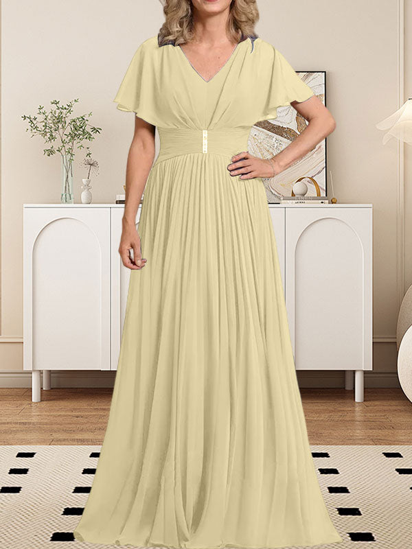 A-Linie V-Ausschnitt Bodenlang Chiffon Mutter der Braut Kleid Mit Kristall Brosche Plissee