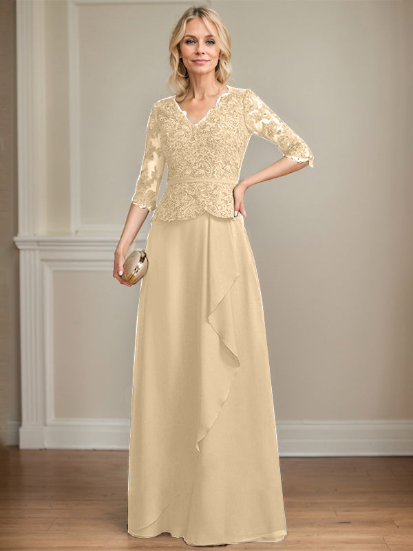 A-Linie, V-Ausschnitt, bodenlanges Chiffon-Kleid für die Brautmutter mit kaskadierenden Rüschen und Pailletten