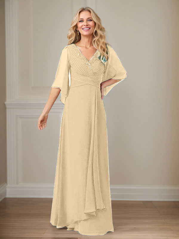 A-Linie V-Ausschnitt Lange Pailletten Chiffon Mutterkleid