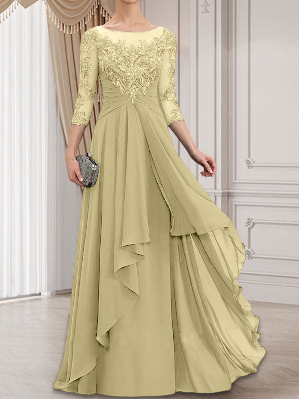 Vestido de gasa con encaje, corte A, escote ilusión, largo hasta el suelo, para madre de la novia con volantes en cascada