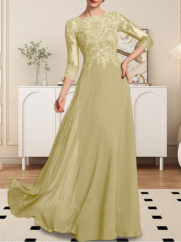 Vestido de gasa con encaje y lentejuelas para madre de la novia, corte A, largo hasta el suelo