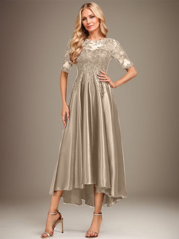 Vestido de madre de la novia de encaje satinado elástico asimétrico con ilusión de escote redondo y lentejuelas