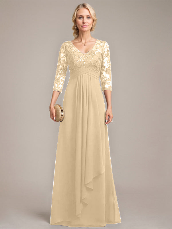 A-Linie, V-Ausschnitt, bodenlanges Chiffon-Kleid für die Brautmutter mit kaskadierenden Rüschen und Pailletten