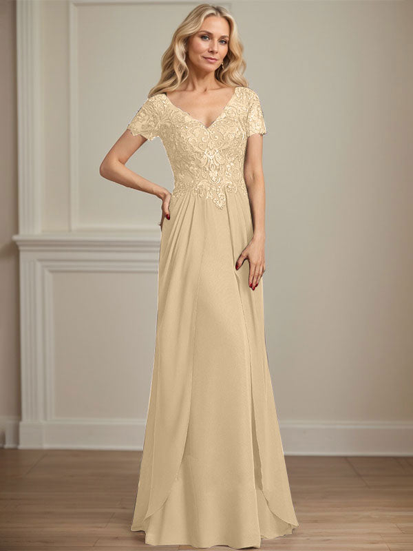 A-Linie V-Ausschnitt Bodenlanges Chiffon-Spitzenkleid für die Brautmutter