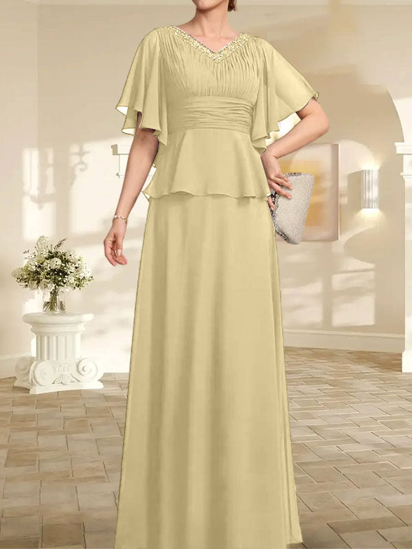 A-Linie, V-Ausschnitt, bodenlanges Chiffonkleid für die Brautmutter mit plissierter Perlenstickerei