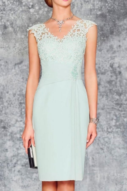 Encantador vestido corto de gasa color menta con encaje para madre de la novia con chaqueta