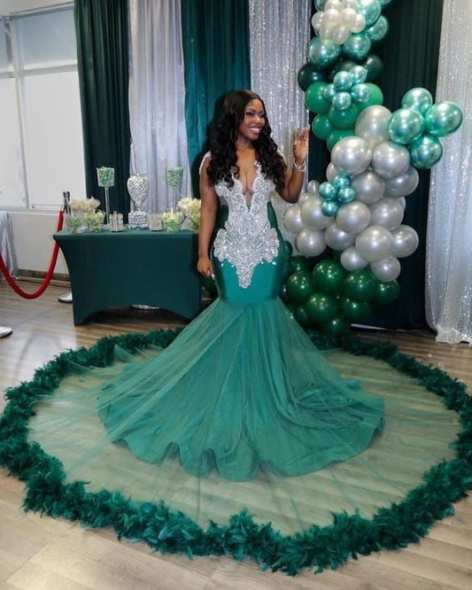 Charming Long V neck Sleeveless Tulle Beading Mermaid Prom Dress