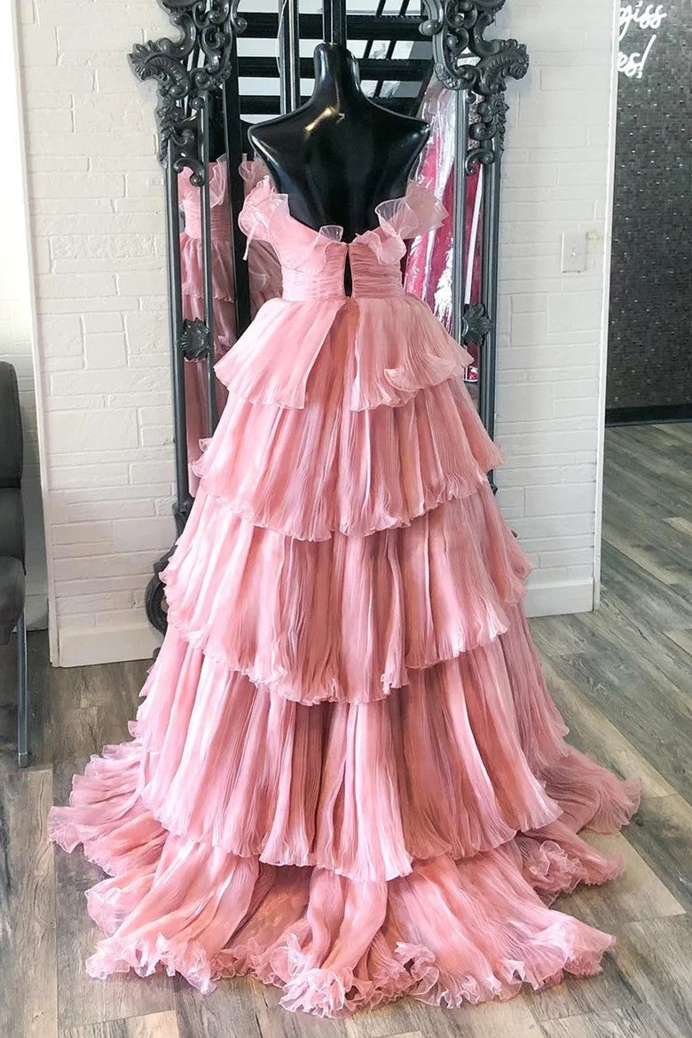 Encantador vestido de fiesta largo azul sin tirantes, corte A y con volantes