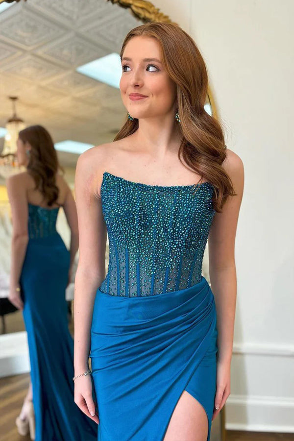 Encantador vestido de fiesta azul de sirena con cuello redondo y cuentas
