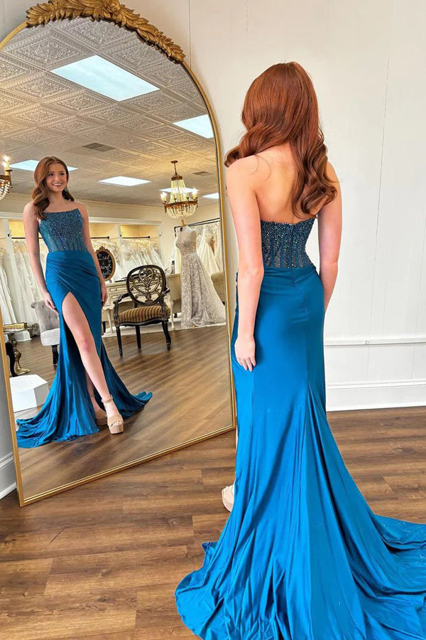 Encantador vestido de fiesta azul de sirena con cuello redondo y cuentas