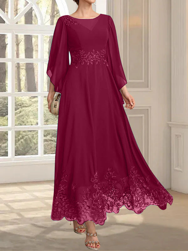 Vestido de gasa con encaje y lentejuelas para madre de la novia, corte A, escote ilusión, largo hasta los tobillos