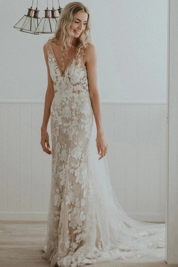 Chic Sheath Column V Neck Floral Lace Rustic Wedding Dress Bridal Gown