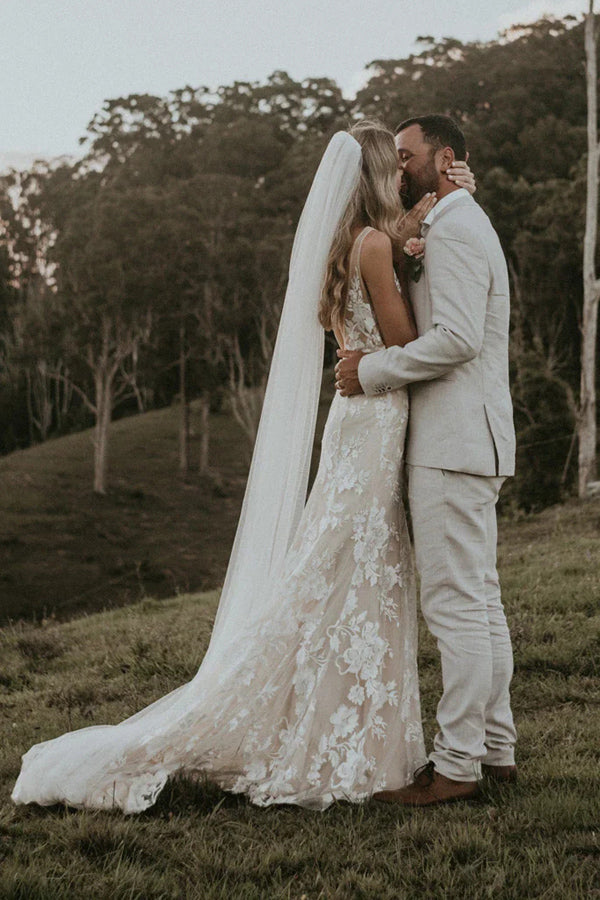 Chic Sheath Column V Neck Floral Lace Rustic Wedding Dress Bridal Gown