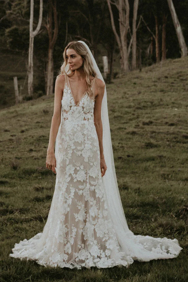 Chic Sheath Column V Neck Floral Lace Rustic Wedding Dress Bridal Gown
