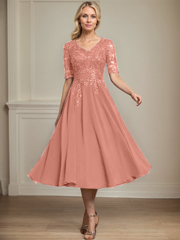 A-Linie V-Ausschnitt Wadenlanges Spitzen-Chiffon-Kleid für die Brautmutter mit Pailletten