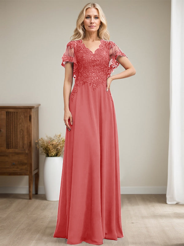 A-Linie V-Ausschnitt Bodenlanges Spitzen-Chiffon-Kleid für die Brautmutter mit Pailletten