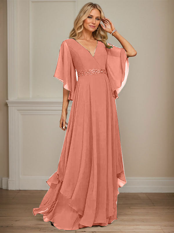 A-Linie V-Ausschnitt Bodenlang Chiffon Kleid für die Brautmutter mit Pailletten Applikationen Spitze Perlen