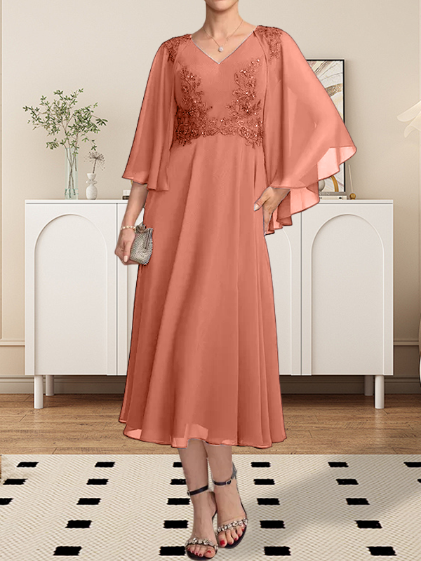 A-Linie, V-Ausschnitt, knielang, Chiffon, Spitze, Kleid für die Brautmutter mit Perlen und Pailletten