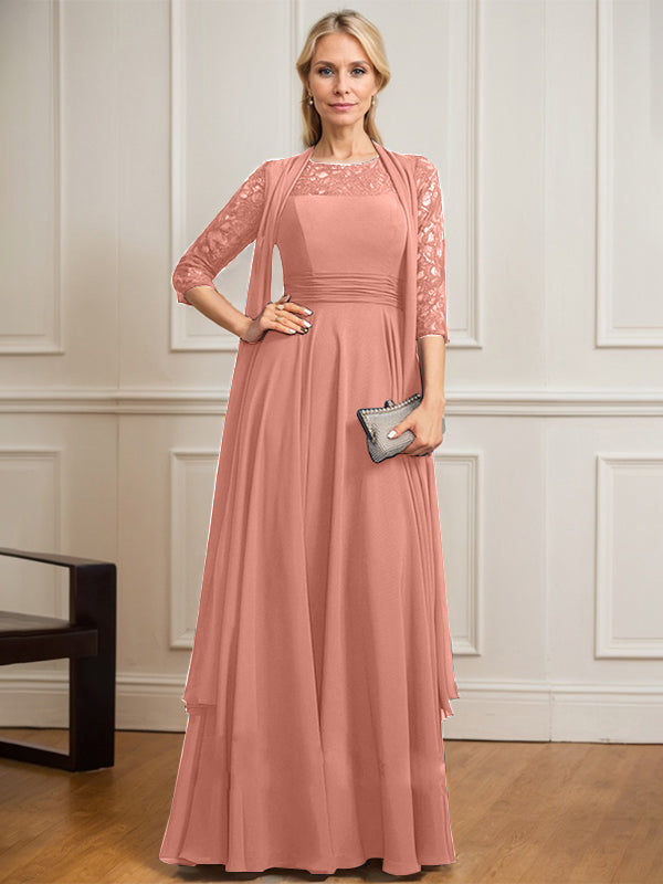 Vestido de gasa de encaje con ilusión de corte A hasta el suelo para madre de la novia con pliegues