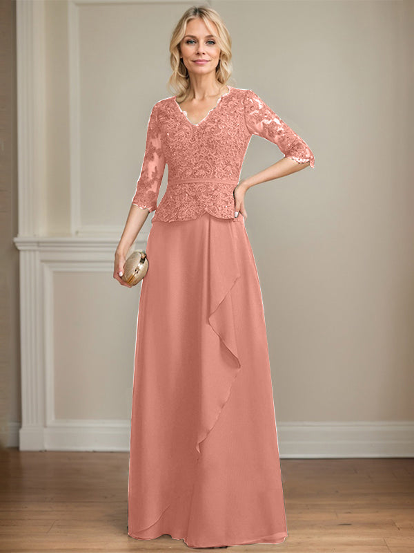 A-Linie, V-Ausschnitt, bodenlanges Chiffon-Kleid für die Brautmutter mit kaskadierenden Rüschen und Pailletten