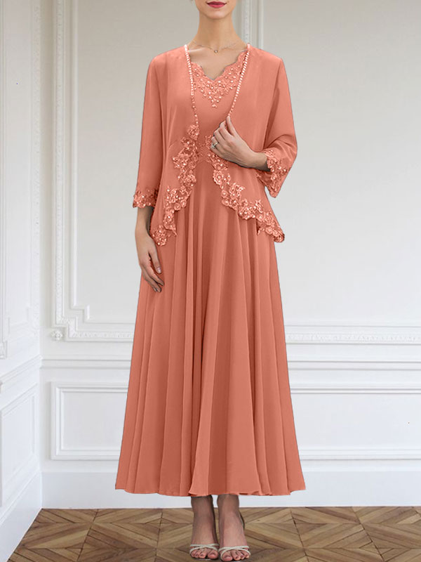 A-Linie V-Ausschnitt Knöchellang Chiffon Kleid für die Brautmutter mit Pailletten Applikationen Spitze Perlen