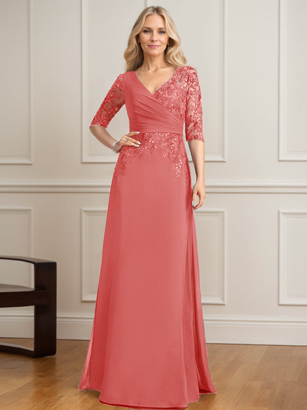 A-Linie, V-Ausschnitt, bodenlanges Spitzen-Chiffon-Kleid für die Brautmutter mit plissierten Pailletten
